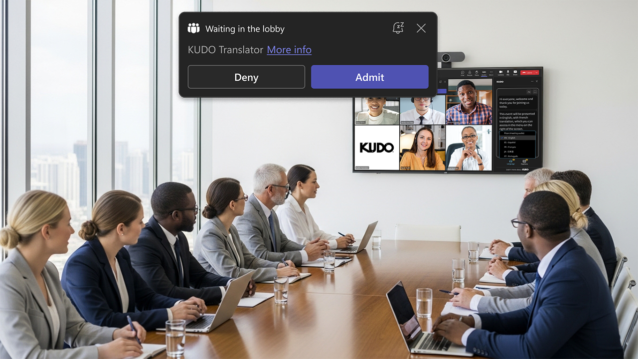 Business meeting in a conference room, showingKUDO's enhanced Microsoft Teams integration v2.0