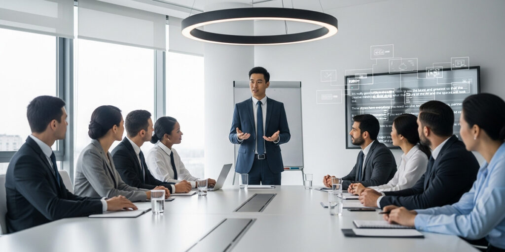 Business meeting showcasing customizable speech translation technology for international teams, demonstrating personalized AI translation solutions in corporate setting.