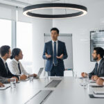 Business meeting showcasing customizable speech translation technology for international teams, demonstrating personalized AI translation solutions in corporate setting.