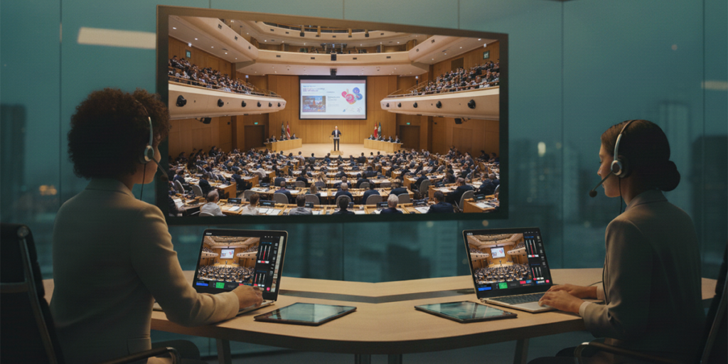 Two professional interpreters working in pairs on KUDO, providing real-time interpretation for a large international conference—an industry standard due to the intense cognitive demands of simultaneous interpretation.